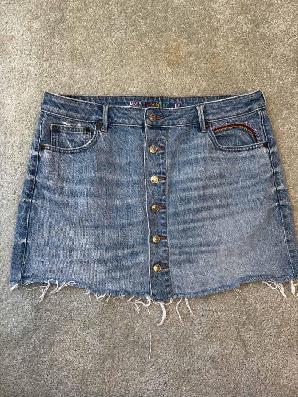 American Eagle Outfitters Rainbow Blue Denim Button-Front Frayed Hem Mini Skirt